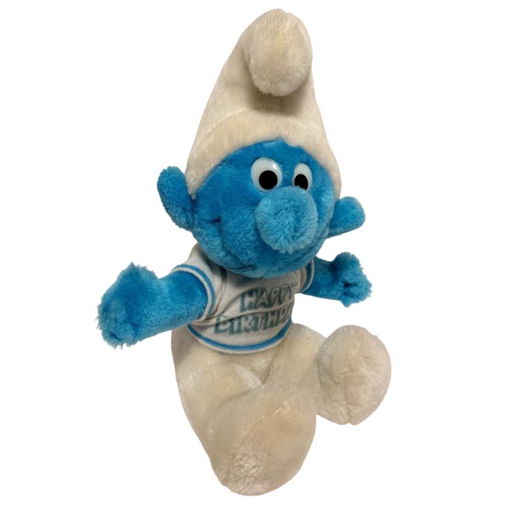 1979 PEYO Wallace Berrie Smurf Plush Happy Birthday White Shirt‎ Blue